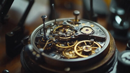 Intricate close-up of a vintage watch mechanism showcasing gears and springs on a wooden surface