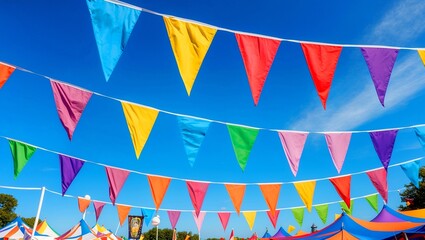 Vibrant pennant flags dancing in the blue sky