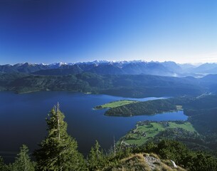 Fototapeta premium Walchensee lake , view from Herzogstand mountain , Bavarian Alps , Upper Bavaria , Germany, Europe