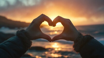 Silhouette of Hands Forming Heart Shape at Sunset Over Ocean