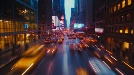 Obraz premium Night City Street Traffic Lights Motion Blur Urban Scene cars taxi rush dark fast speed image yellow