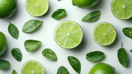 Limes and mint leaves flatlay on white background for food, drink, or beauty product imagery