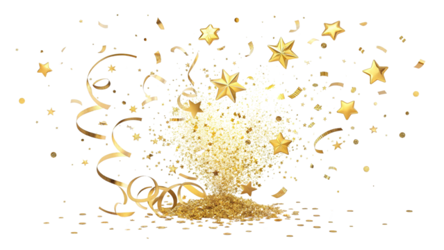 Vibrant explosion of gold confetti, radiating energy and brightness, perfect for festive events, celebrations, and party decor, bringing a lively atmosphere to your designs on transparent background P
