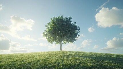 Obraz premium A single tree standing tall in the middle of an open field under a blue sky, with green grass and sunlight filtering through its leaves