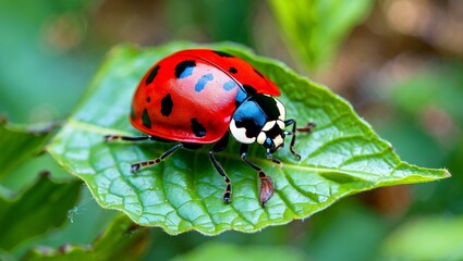 Vibrant red ladybug resting on lush green leaf