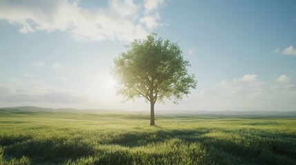 Obraz premium A single tree standing tall in the middle of an open field under a blue sky, with green grass and sunlight filtering through its leaves