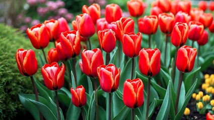 Obraz premium Vibrant red tulips flourishing in a lush garden