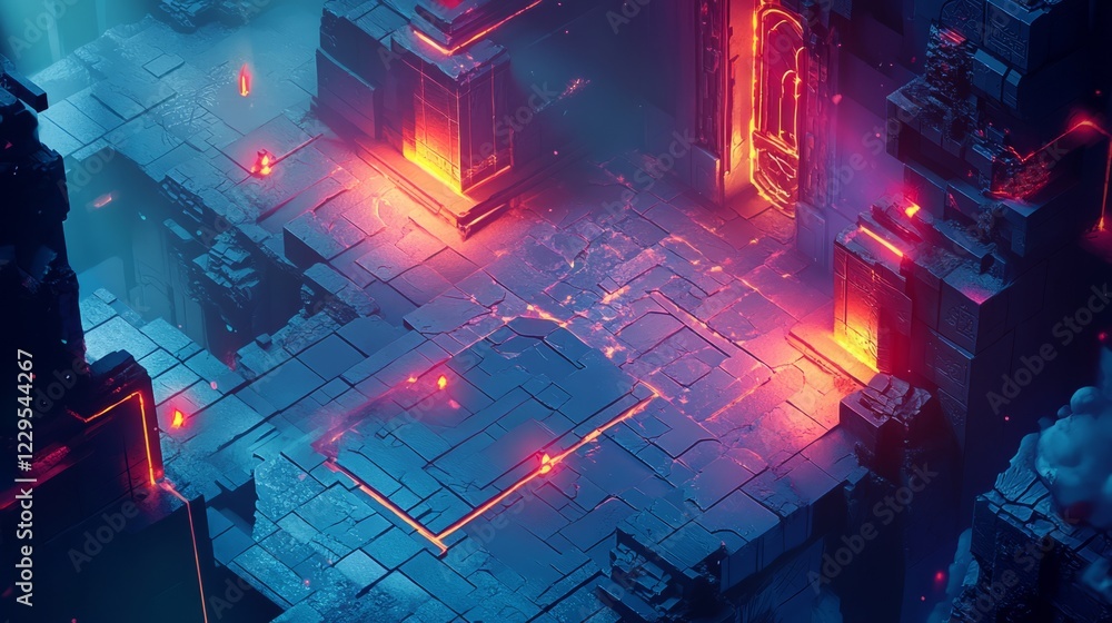 Poster explore a digital sci-fi dungeon with neon lights and glowing lava, creating a mysterious and futuri