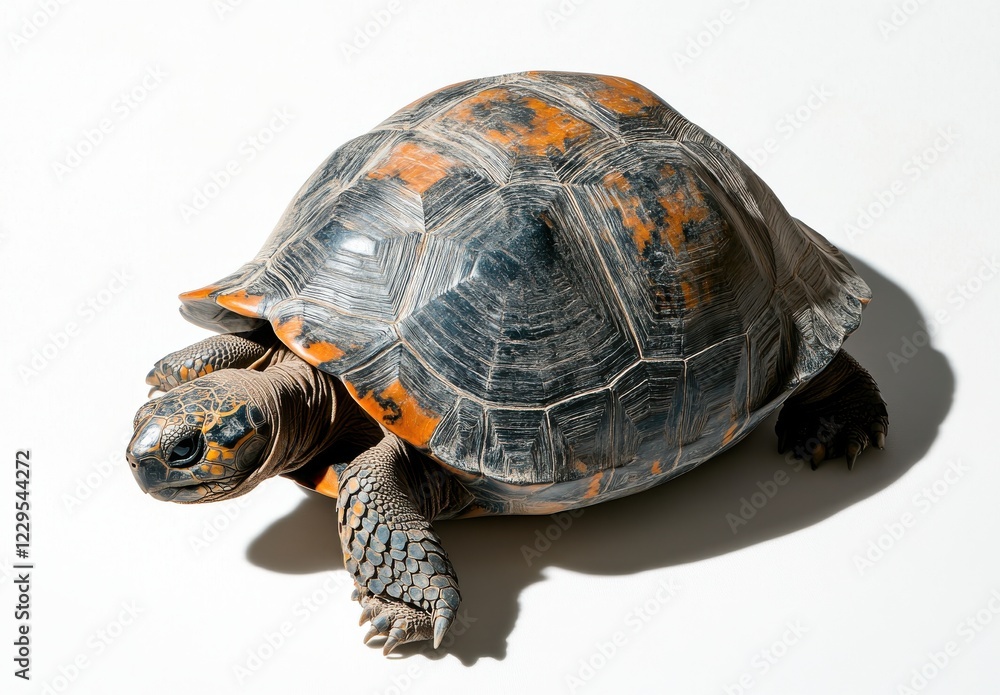 Poster vibrant tortoise with distinctive shell patterns crawling on a clean surface, capturing the beauty o