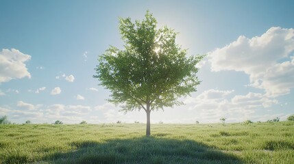 Obraz premium A single tree standing tall in the middle of an open field under a blue sky, with green grass and sunlight filtering through its leaves