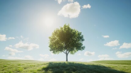 Obraz premium A single tree standing tall in the middle of an open field under a blue sky, with green grass and sunlight filtering through its leaves