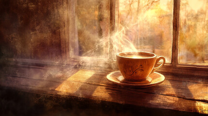 Warm Morning Coffee Steam Cozy Rustic Window Sunlight Teacup hot art home fall drink relax brown    