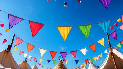 Vibrant triangular pennant flags in blue sky