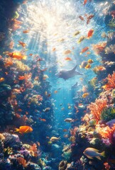 Naklejka premium Vibrant Underwater Scene with Colorful Corals and Diverse Fish in a Sunlit Ocean Environment