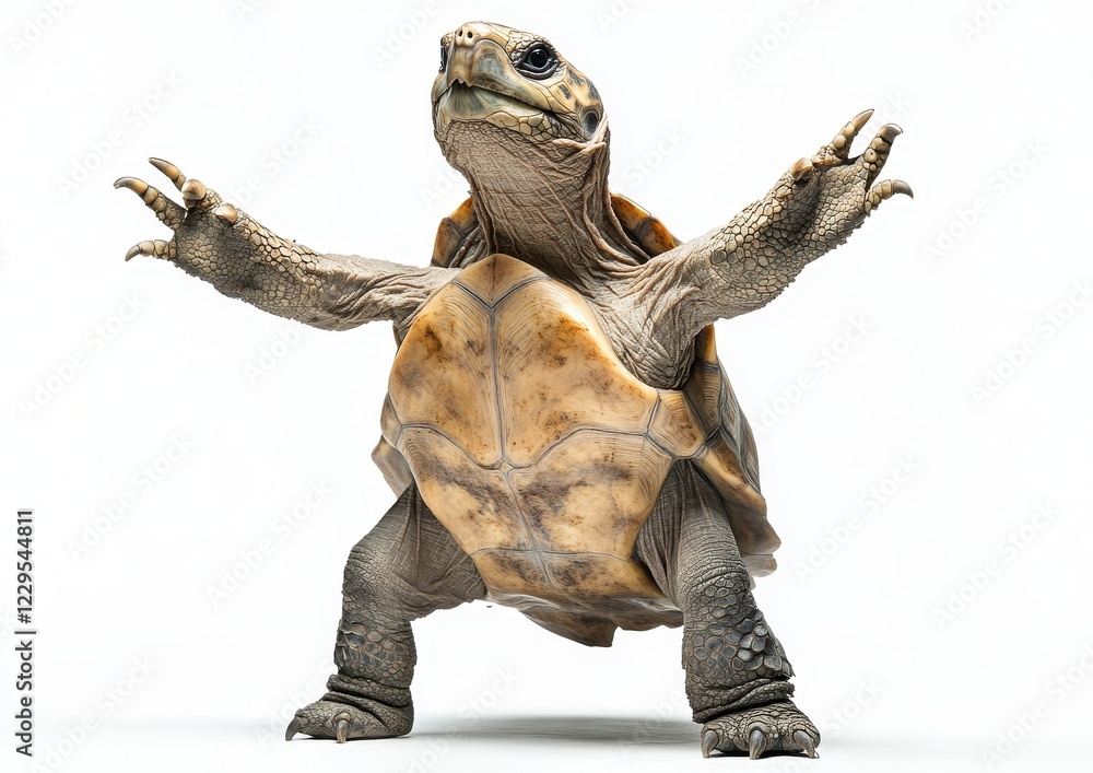 Poster whimsical fantasy turtle character standing with outstretched arms in a surrealistic style on a whit