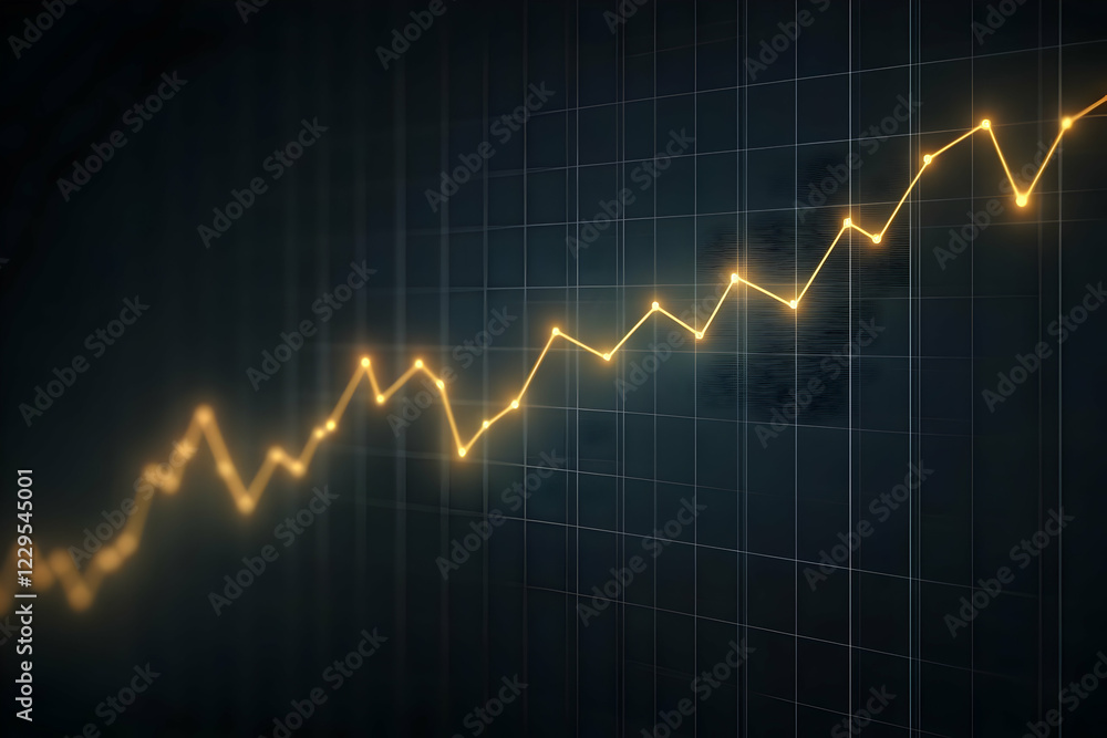 Poster glowing line chart shows growth on dark grid background gradually increasing upwards