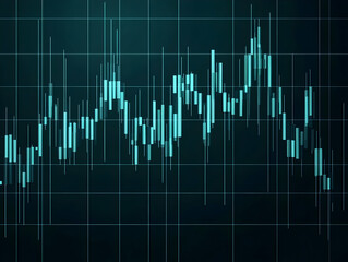 Glowing Teal Candlestick Chart Shows Market Volatility and Fluctuations on a Dark Grid Background.
