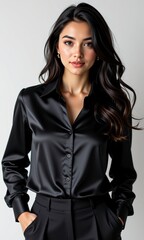 Elegant Woman in Black Satin Blouse and Pants Studio Portrait
