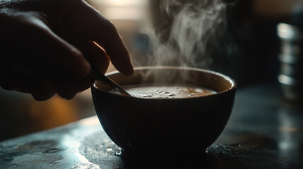 Fototapeta premium Warm Steaming Soup Bowl Hot Food Winter Comfort Cozy Meal Delicious Food Photography Dark Moody hand