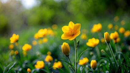 Fototapeta premium Vibrant yellow flower in lush spring landscape