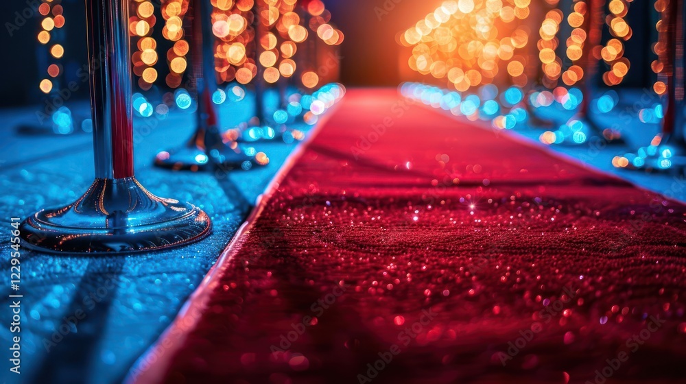 Poster elegant red carpet lined with stanchions and illuminated by vibrant bokeh lights at an event