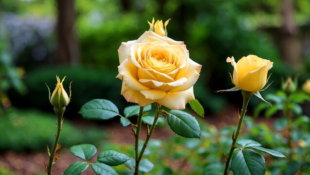 Vibrant yellow rose flourishing in lush garden