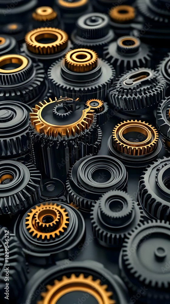 Poster intricate 3d gears interlock in a complex mechanical system, precision and efficiency.