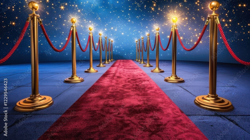 Poster elegant red carpet event setup with golden stanchions and twinkling stars in the background
