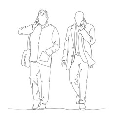 2 busissmen walking and talking on the phones. Addiction. Continuous line drawing. Black and white vector illustration in line art style.