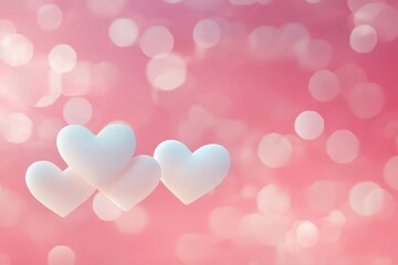 Three White Hearts on Pink Bokeh Background Romantic Valentine's Day Design