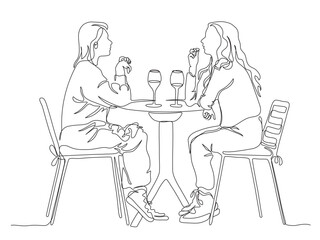 2 women talking at street cafe table with 2 glasses of wine. Side view. Continuous line drawing. Black and white vector in line art style.
