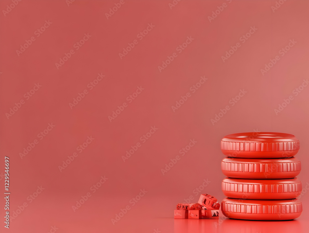 Poster 3d illustration of red tires stacked with red blocks scattered on a red background