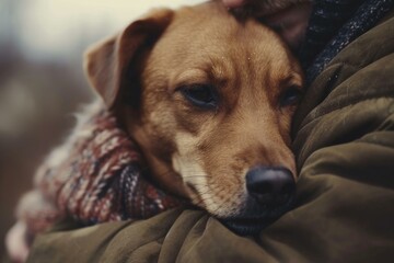 Brown dog resting its head on hunter's shoulder in a cold winter day