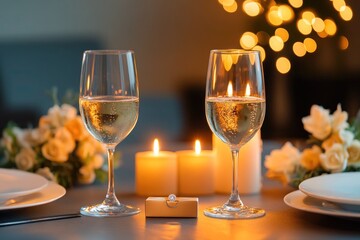 A beautifully decorated engagement dinner table with candles, flowers, and two glasses of wine, with the engagement ring box placed subtly in the background.