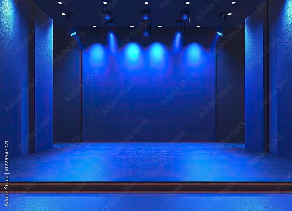 Poster front view of an empty modern stage with blue lighting and a square backdrop for a presentation, sho