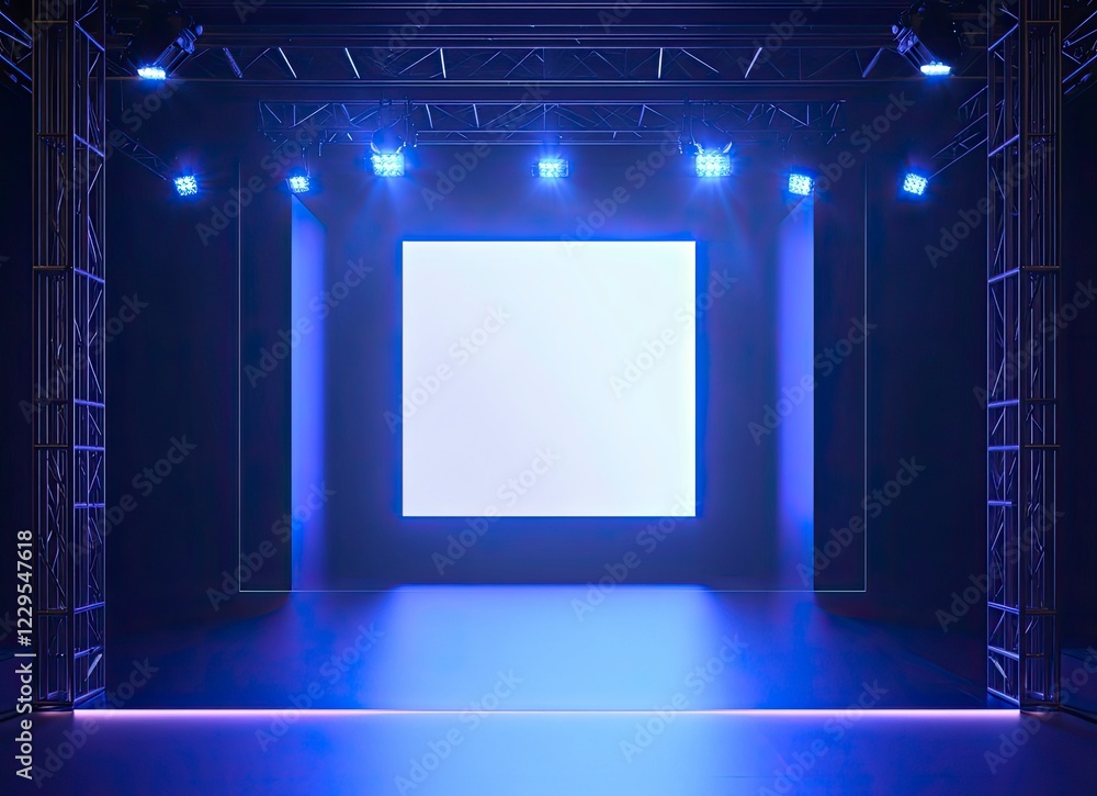 Poster front view of an empty modern stage with blue lighting and a square backdrop for a presentation, sho