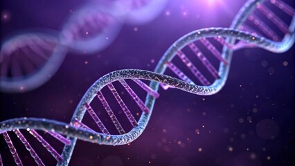 Intricate Helix of DNA Structure with Glowing Particles and Deep Purple Background