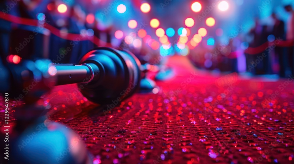 Poster glimmering red carpet event with spotlighted atmosphere and blurred audience in the background