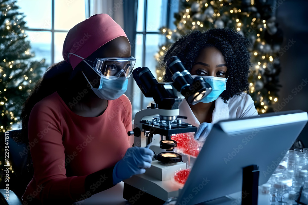 Poster scientists examine samples under microscope in laboratory with christmas tree background