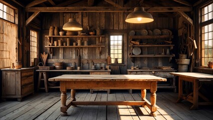 Worn wooden table bathed in sunlight and shadows