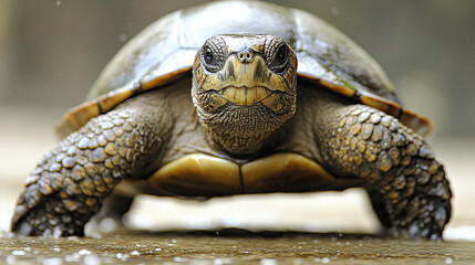 Naklejka premium A Close-Up View of a Tortoise Exploring a Water Feature in a Tranquil Garden During Daylight Hours