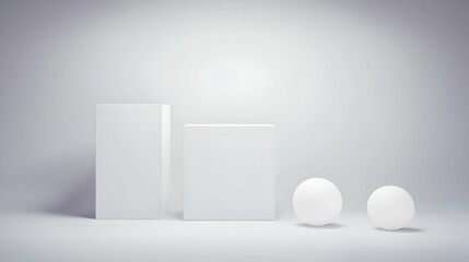 3D Geometric Shapes: Two Rectangular Prisms and Two Spheres on a Seamless White Studio Background