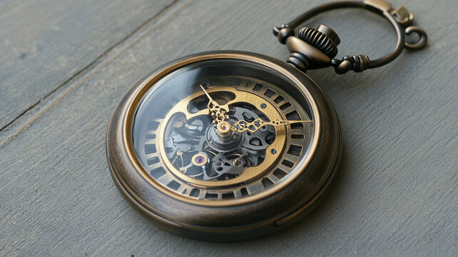 Intricate vintage pocket watch showcasing detailed mechanics on a rustic wooden surface