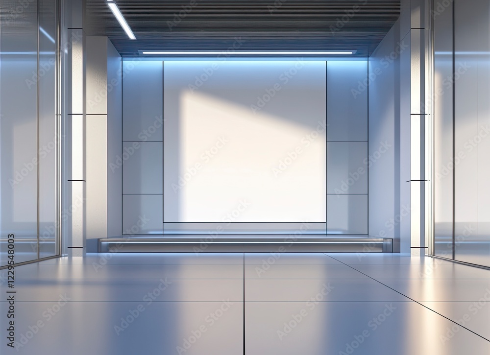 Poster front view of an empty modern stage with blue lighting and a square backdrop for a presentation, sho