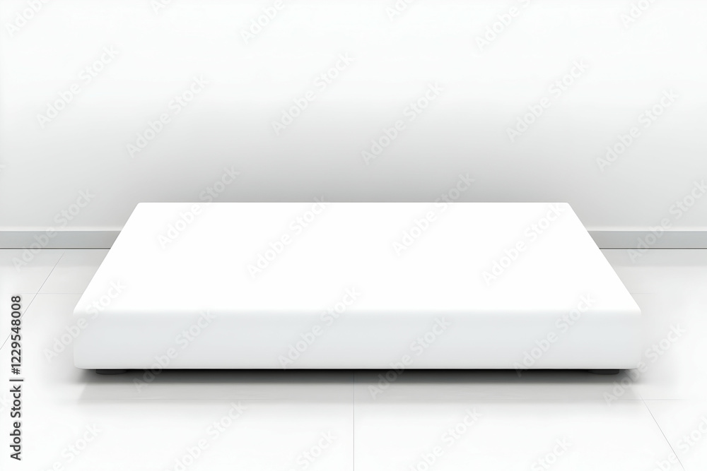 Poster white platform display in empty room with tiled floor and plain wall background.