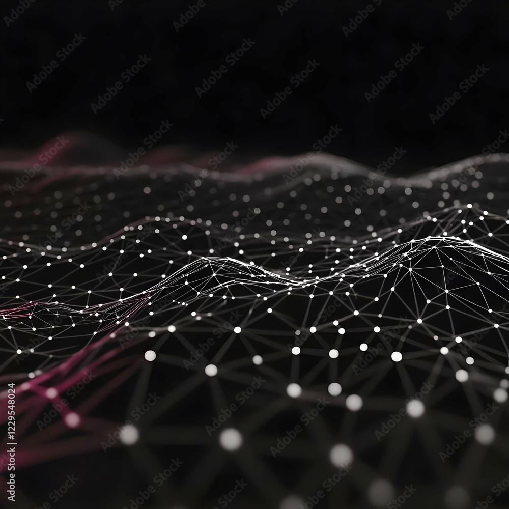 Poster Abstract 3D landscape forms a dynamic digital wave with interconnected glowing dots smoothly.