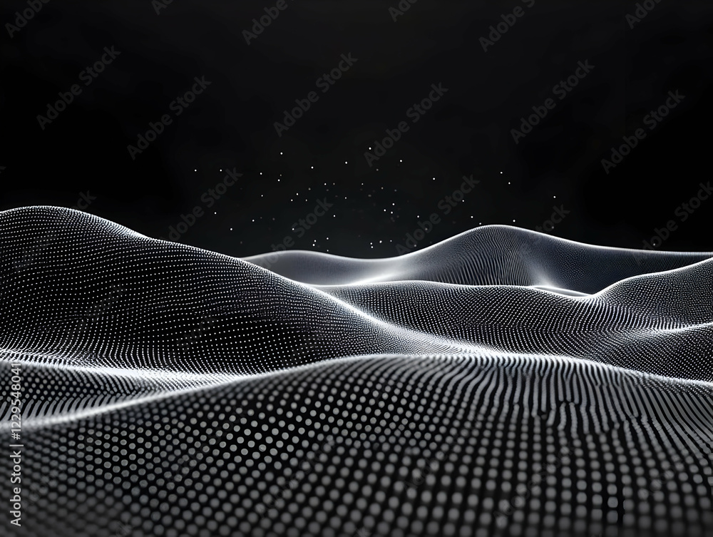 Poster abstract 3d dotted landscape forms rolling hills with a dark background and subtle lighting