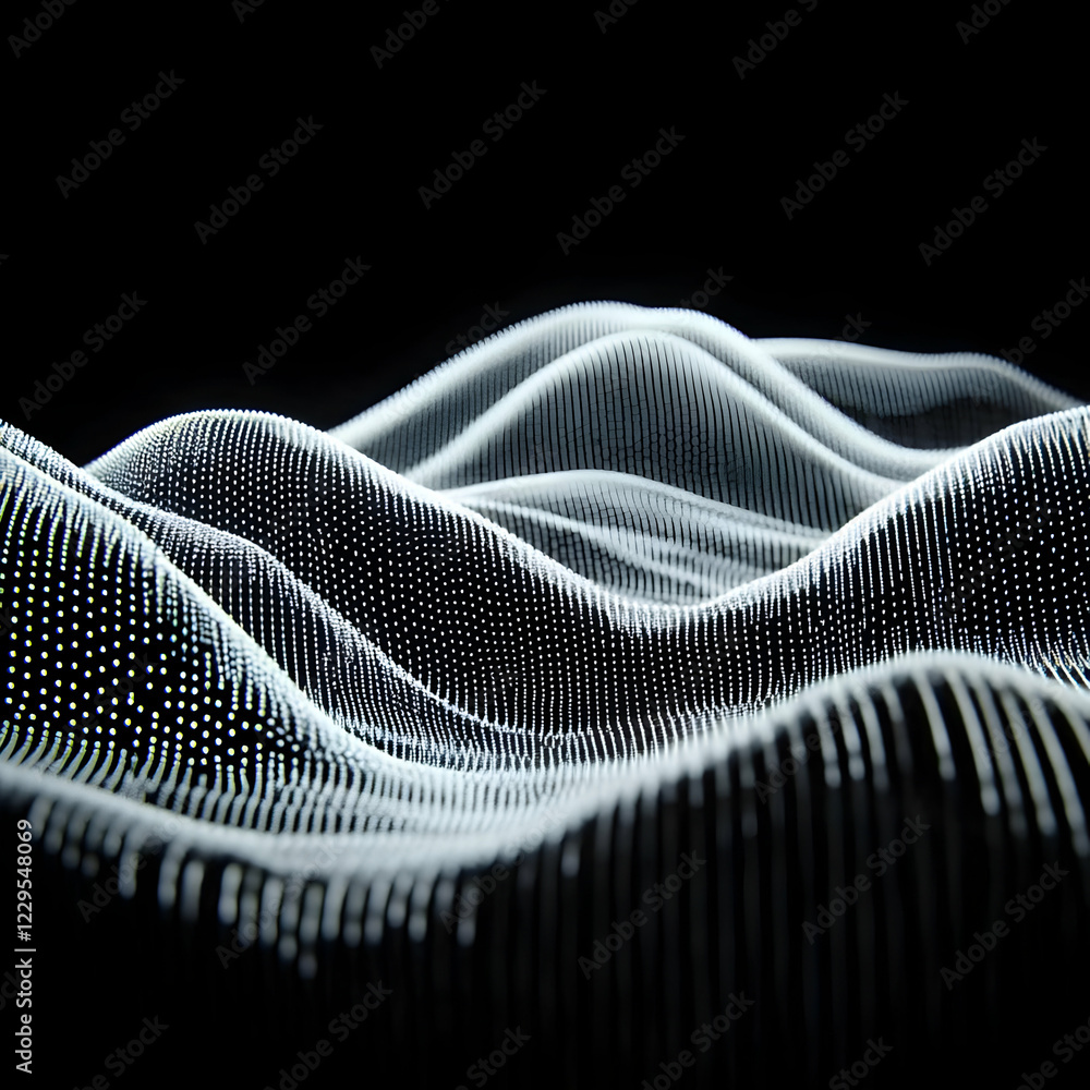 Poster abstract 3d particle wave forms a digital landscape beautifully on a dark background.