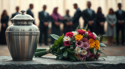 Brushed metallic cremation urn rests on a stone, accompanied by a colorful lush bouquet at an indoor funeral service, with friends and family gathered in the background. Template with copy space