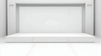 Fototapeta premium Empty White Stage with Backdrop in a Minimalist Room Setting for Presentations or Performances